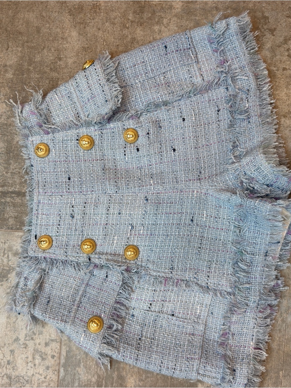 Balmain Light Blue Tweed High-Waist Shorts with Gold Buttons